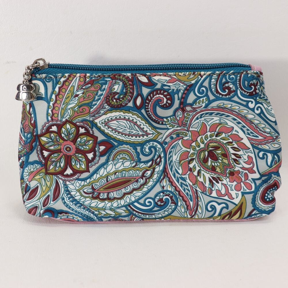 Kathy Van Zeeland Makeup Bag Blue Floral Nylon Mirror Travel Cosmetic Pouch Zip